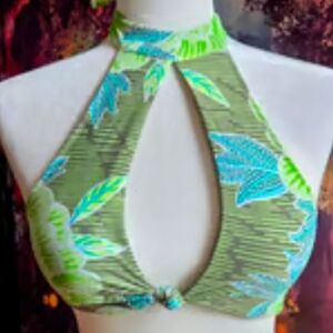 Aerie Green Tropical Halter Keyhole Swim Top S